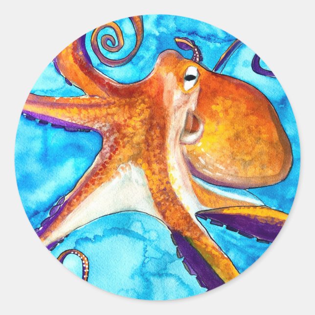 Octopus Aquarell unter Meereskunst Runder Aufkleber (Vorderseite)