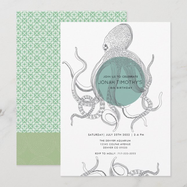 Octopus aquatique | Invitation d'anniversaire (Devant / Derrière)