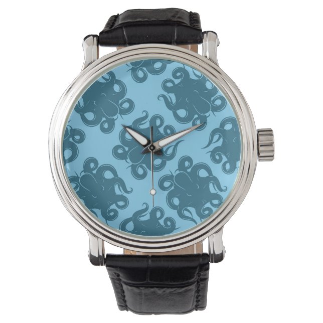 Octopus auf blauem Muster Armbanduhr (Vorderseite)