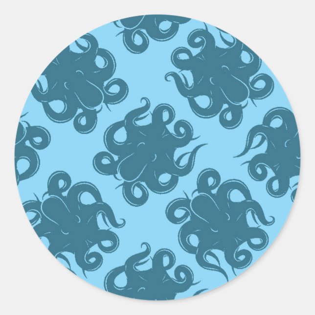 Octopus auf blauem Muster Runder Aufkleber (Vorderseite)