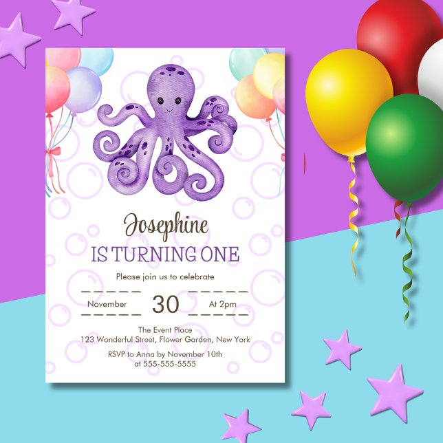 Octopus Ballon Lila Blase Kindergeburtstag Einladung (Von Creator hochgeladen)