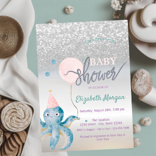 Octopus Balloon Silver Bokeh Baby Dusche Einladung