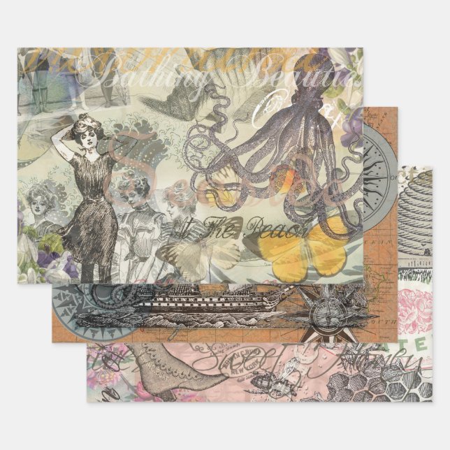 Octopus Beach Antique Coastal Steampunk Geschenkpapier Set (Set)