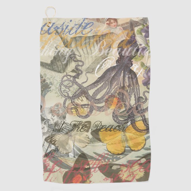 Octopus Beach Antique Coastal Steampunk Golfhandtuch (Vorderseite)