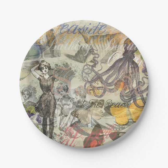 Octopus Beach Antique Coastal Steampunk Pappteller (Vorderseite)