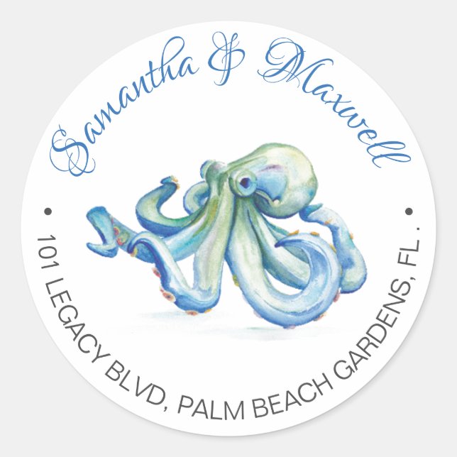 Octopus Beach Hochzeit Rücksendeadresse Runder Aufkleber (Vorderseite)