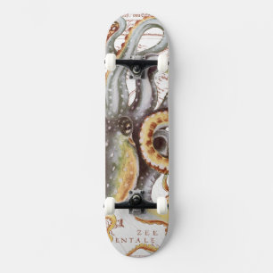 Octopus Beige Vintage Karte Nautische Meeresaquati Skateboard