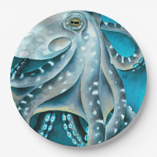 Octopus Blau Aquarellfarbendetails Pappteller