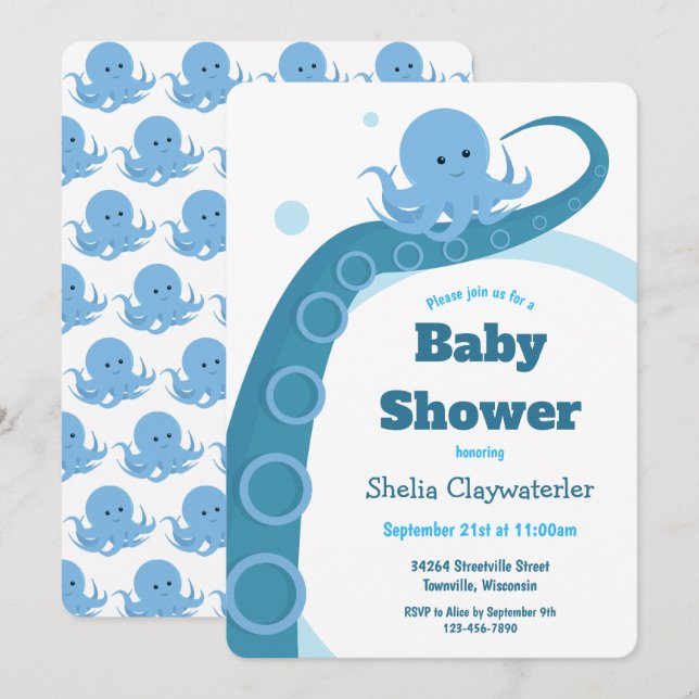 Octopus bleu | Invitation Baby shower (Devant / Derrière)