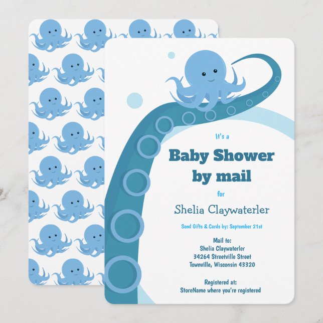 Octopus Blue White Baby Dusche von Mail Einladung (Vorne/Hinten)