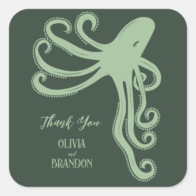 Octopus Deep Sea Modern Wedding, Green Quadratischer Aufkleber (Vorderseite)