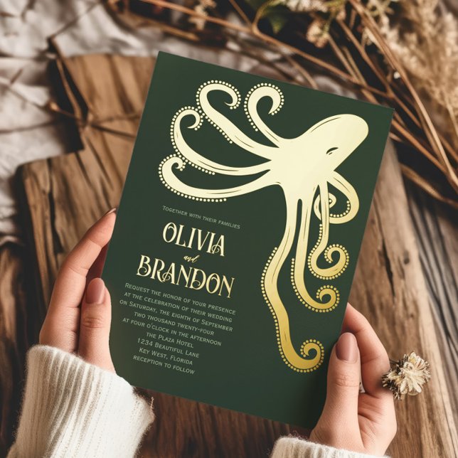 Octopus Deep Sea Stilisierte moderne Hochzeit Folieneinladung (Von Creator hochgeladen)