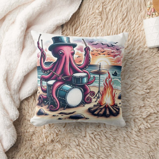 Octopus Drumming by Beach Campfire at Sunset Kissen (Decke)
