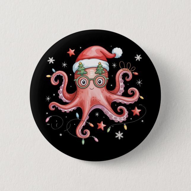 Octopus Glasses Santa Hat Christmas Light Ocean  Button (Vorderseite)