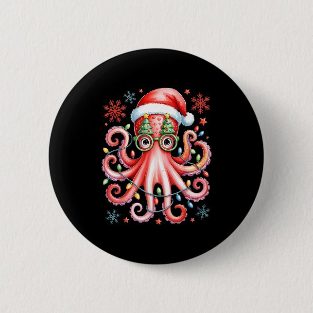 Octopus Gles Santa Hat Christmas Light Ocean Anima Button (Vorderseite)