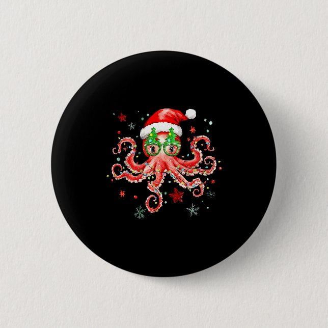 Octopus Gles Santa Hat Christmas Light Ocean Anima Button (Vorderseite)