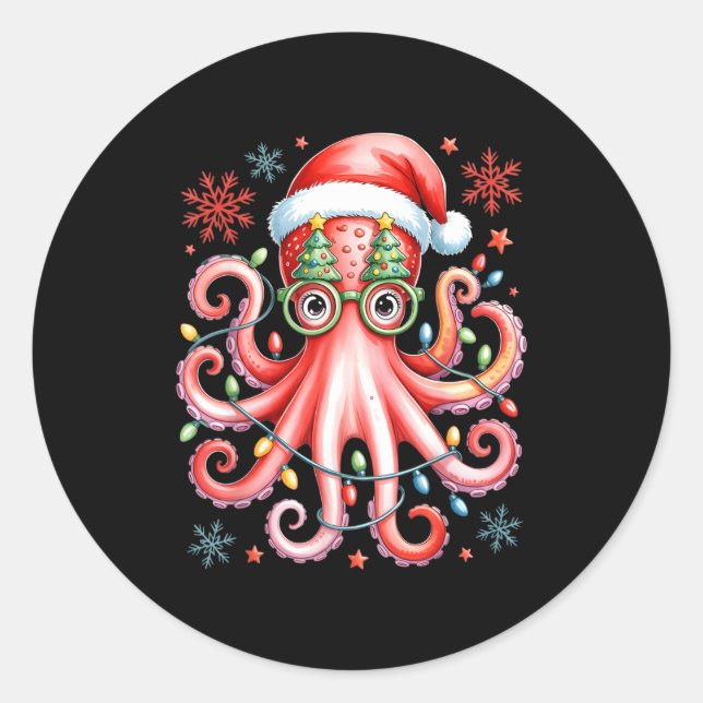 Octopus Gles Santa Hat Christmas Light Ocean Anima Runder Aufkleber (Vorderseite)