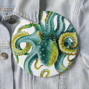 Octopus Green Tentacles Wasserfarben Kunst, Dichtu Button