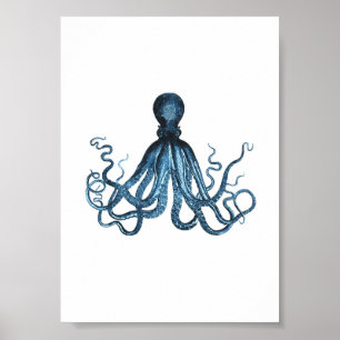 Octopus kraken Fisch nautische Küstenwasserfarbe Poster