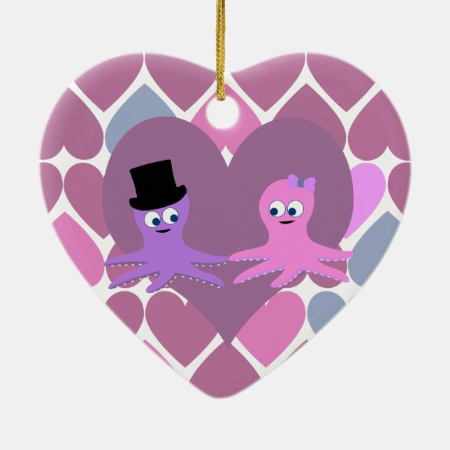 Octopus-Liebe mit Herz-Hintergrund Keramik Ornament (Hinten)