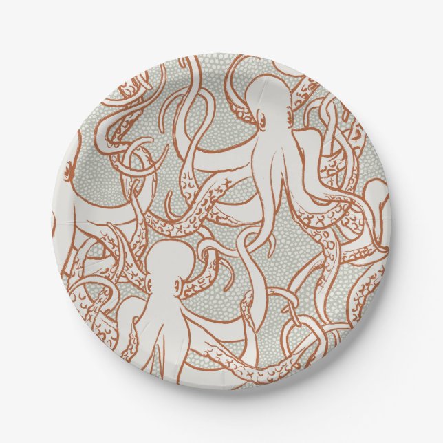 Octopus Line Art | Runde Teller (Orange & Grau) (Vorderseite)