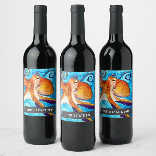 Octopus-Meereskreatur Wasserfarben-Art-Etikett Weinetikett (Flaschen)