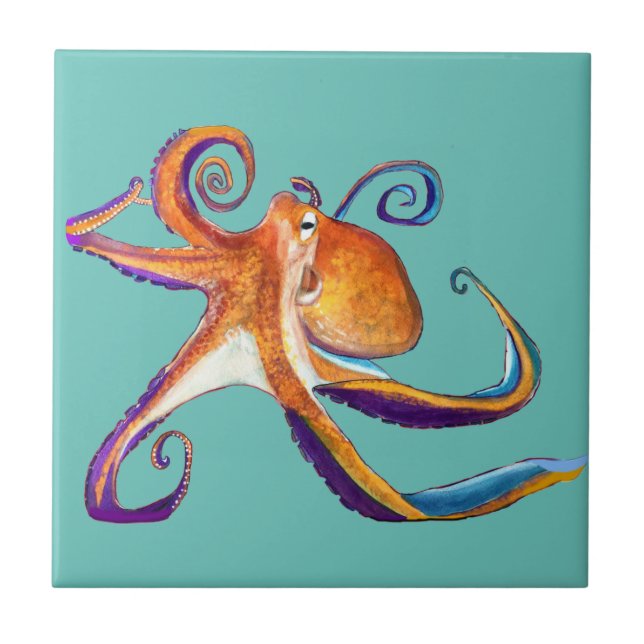 Octopus Meereswelt Aquarellkunst Fliese (Vorderseite)