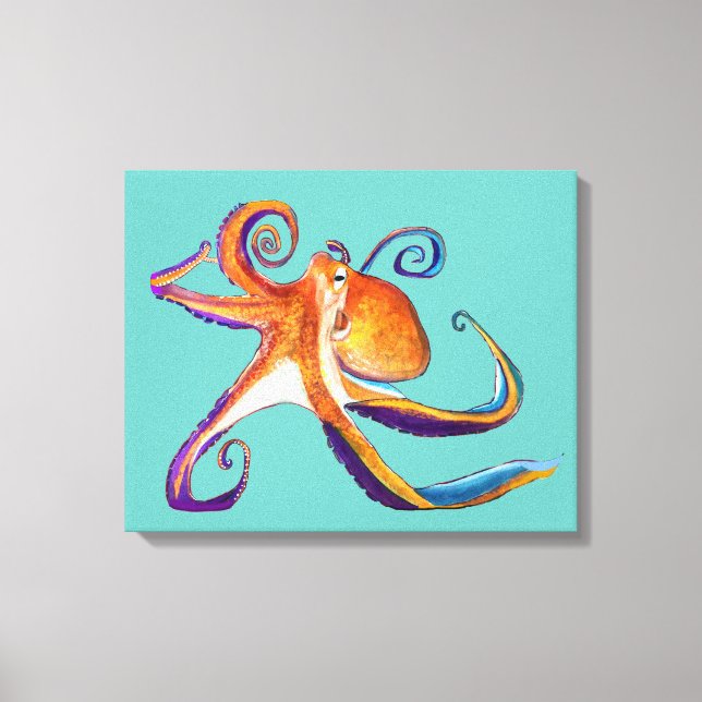 Octopus Meereswelt Aquarellkunst Leinwanddruck (Vorderseite)