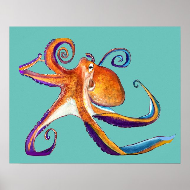 Octopus Meereswelt Aquarellkunst Poster (Vorne)