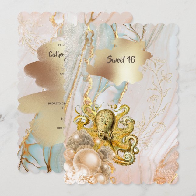 Octopus Meergold Elegantes Quinceanera Party Einladung (Vorne/Hinten)