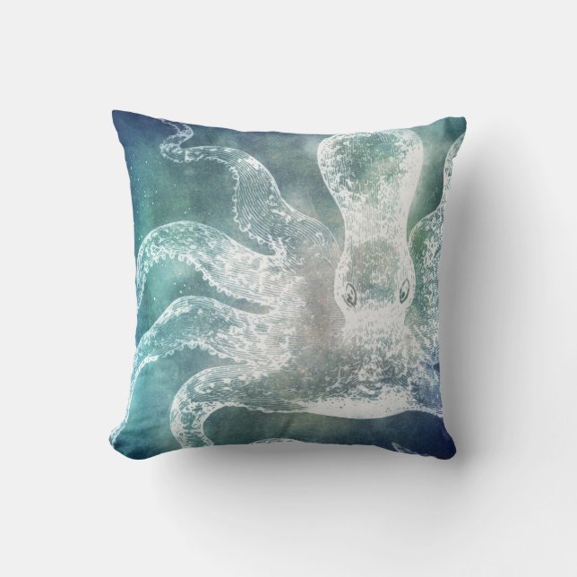Octopus Mitternacht Blau Aquamarine Wasserfarbe Vi Kissen (Vorderseite)