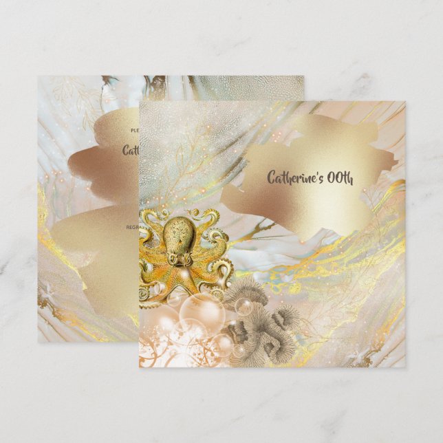 Octopus moderne Imitat Goldmeere Korallen nautisch Einladung (Vorne/Hinten)