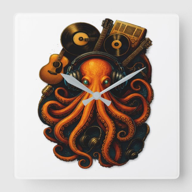 "Octopus Music Wall Clock - Steampunk Art Deco wi Quadratische Wanduhr (Vorderseite)