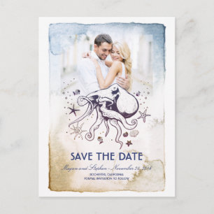 Octopus Nautical Watercolor Foto Save the Date Ankündigungspostkarte