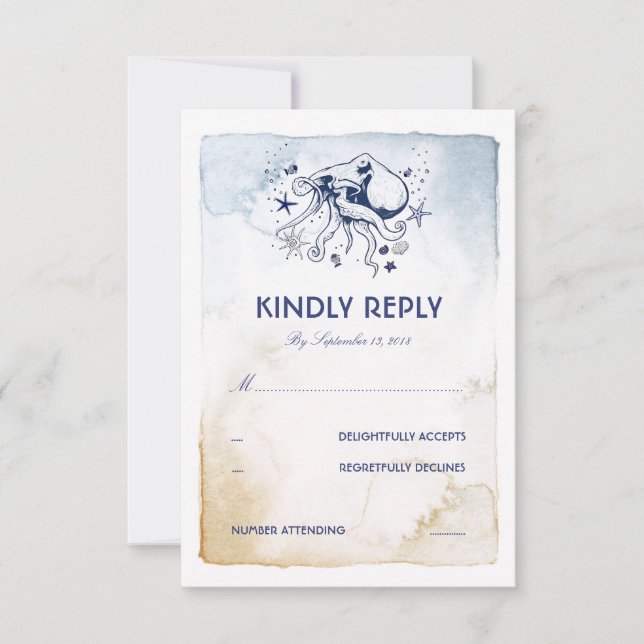 Octopus Nautique Marine Aquarelles Mariage RSVP (Devant)