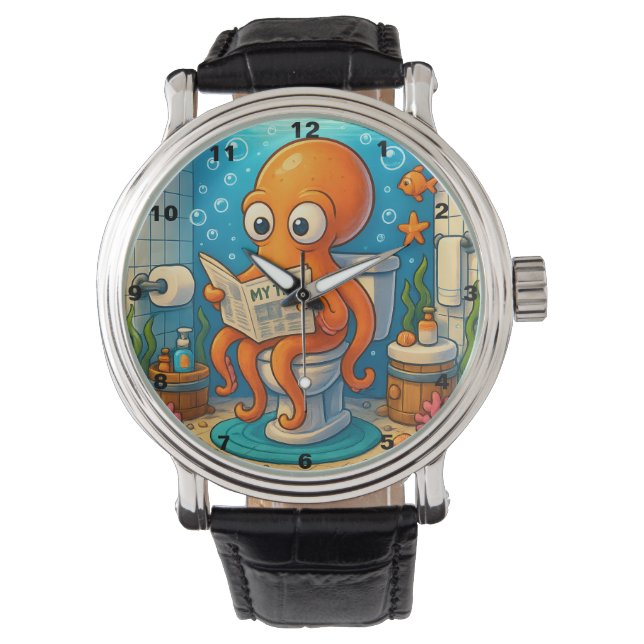 Octopus on Toilet Humorous Funny Bathroom Setting Armbanduhr (Vorderseite)