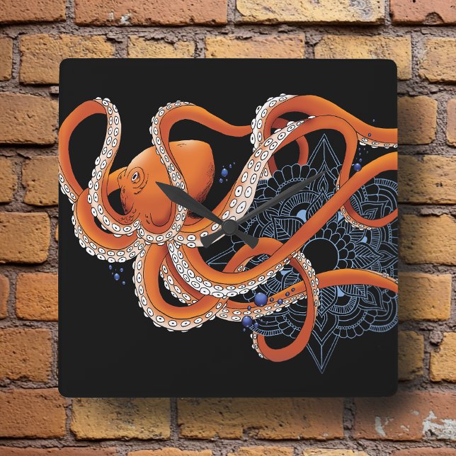 Octopus Orange Mandal Blue Quadratische Wanduhr (Von Creator hochgeladen)