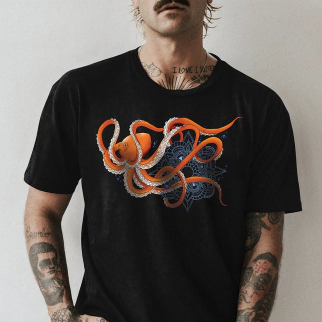 Octopus Orange Mandala Blue T-Shirt (Von Creator hochgeladen)