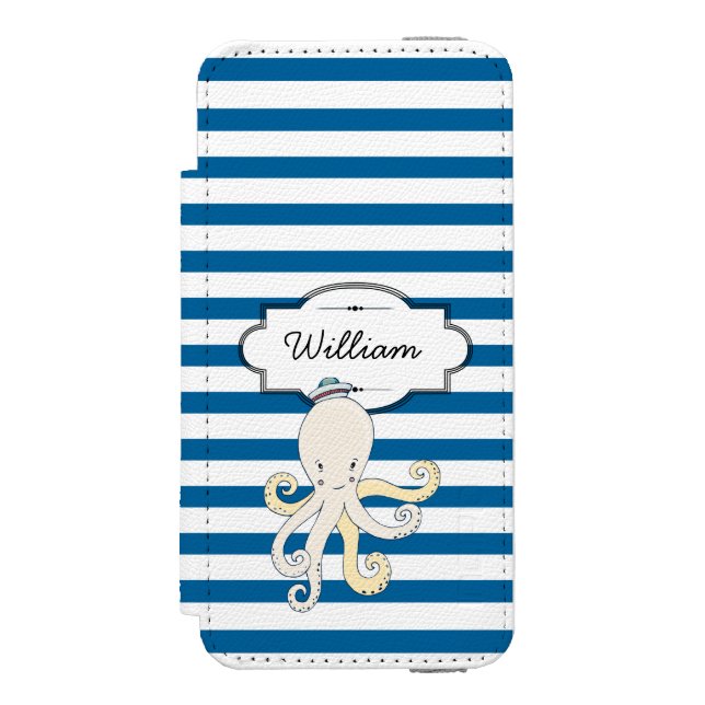 Octopus Personalisiert Blau und Weiß Streifen Incipio iPhone Geldbeutel-Hülle (Folio Vorderseite)