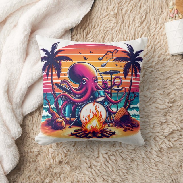 Octopus Playing Drums by Campfire - Sonnenuntergan Kissen (Decke)