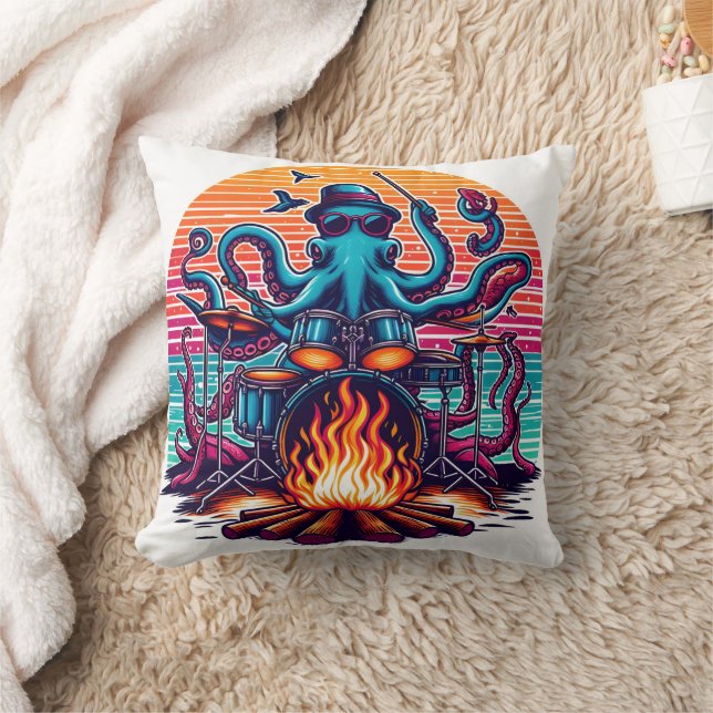 Octopus Playing Drums by Colorful Campfire Kissen (Decke)