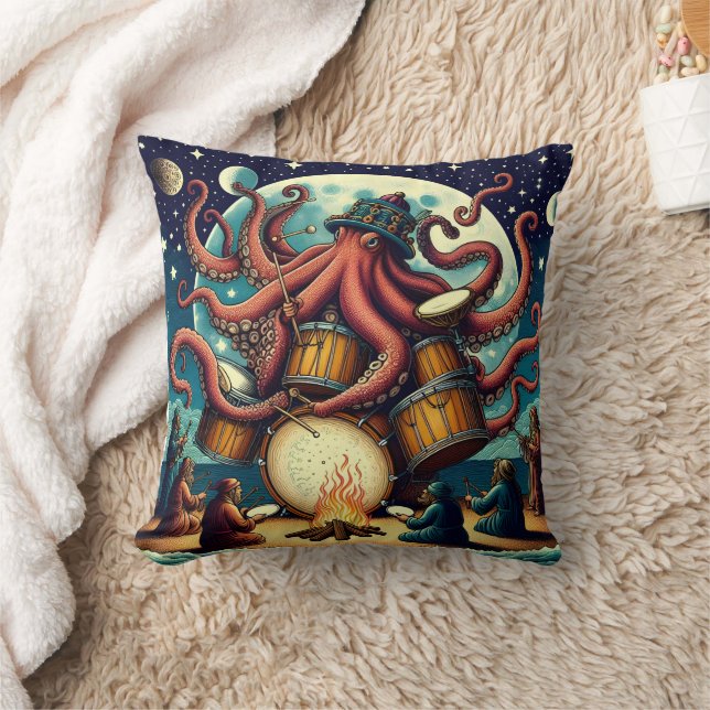 Octopus Playing Drums by Moonlit Shore Kissen (Decke)