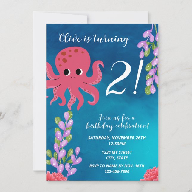 Octopus rose Invitation Anniversaire (Devant)