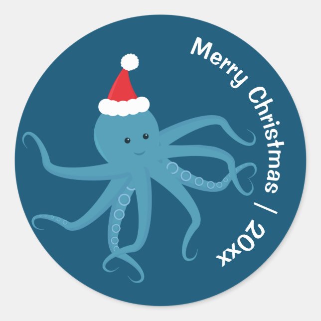 Octopus Santa Merry Weihnachten Runder Aufkleber (Vorderseite)