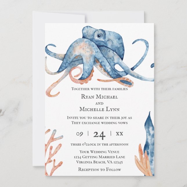 Octopus Sea Life auf der Hochzeit von White Beach Einladung (Vorderseite)