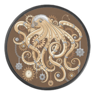 Octopus Steampunk Surreal Retro Style Machine Pin Eishockey Puck