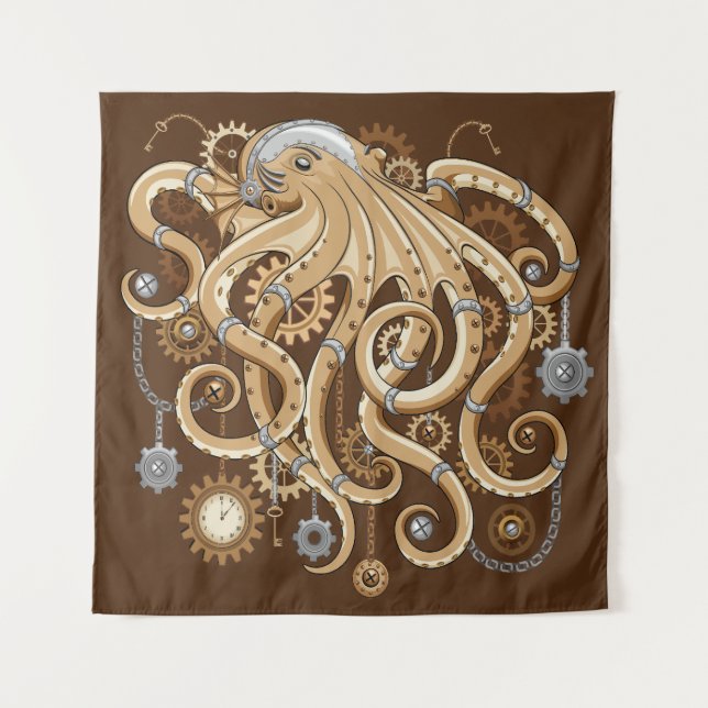 Octopus Steampunk Surreal Retro Style Machine Wandteppich (Vorderseite)