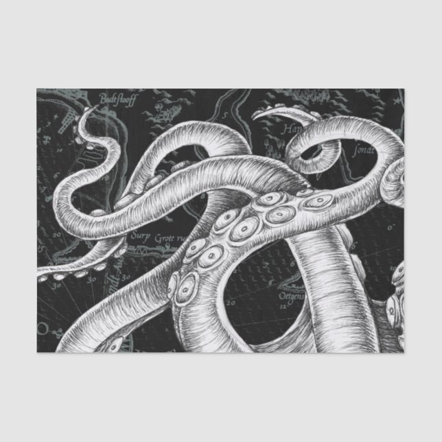 Octopus Tentacles Vintage Karte Schwarz Seidenpapier (Vorderseite)