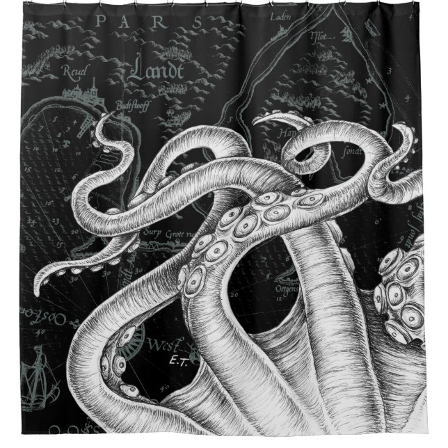 Octopus Tentacles Vintage Map Black Duschvorhang (Vorderseite)