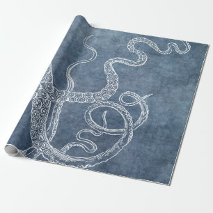 Octopus Twilight Blue Denim Wasserfarbe Kunst Geschenkpapier